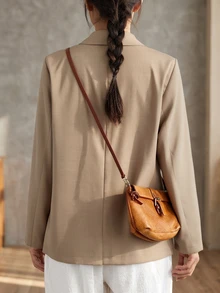 Women's Khaki Lapel 2-Button Long Sleeve Casual Blazer, Minimalist Commuter Relaxed Fit Versatile Slimming Jacket For Autumn Fall - Earthy Yellow - View 2