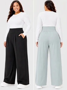 2pcs Plus Size Women's High Waist Casual Pants, Loose Wide Leg Pants, Nude Feel Yoga Pants, Solid Color Sports Pants, Suitable For All Seasons - Black - View 2