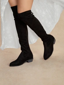 Tropiscape Women's Faux Suede Over The Knee Boots, Slim High Shaft Chunky Heel Riding Boots - Black - View 4