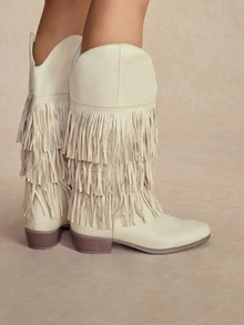 Tropiscape Beige Three-Layer Fringe Slip-On Chunky Low Heel Round Toe New Elegant Versatile Commute Daily Fashion Mid-Calf Boots - Beige - View 2