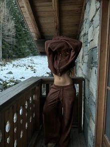 FOR BEAUTY Fall Winter Women Sweater Sets Elegant Vacation Y2K Coffee Knit 2 Pieces Set Cropped Cardigan Tops Drawstring Wide Leg Pants Daily Outfits - Brown - View 7