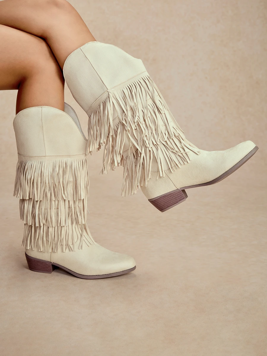 Tropiscape Beige Three-Layer Fringe Slip-On Chunky Low Heel Round Toe New Elegant Versatile Commute Daily Fashion Mid-Calf Boots - Beige - View 1