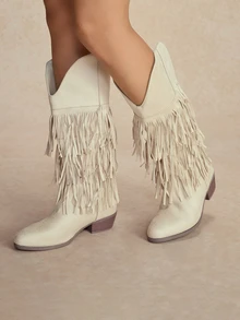 Tropiscape Beige Three-Layer Fringe Slip-On Chunky Low Heel Round Toe New Elegant Versatile Commute Daily Fashion Mid-Calf Boots - Beige - View 5