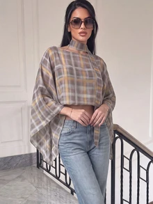 2026 優雅女款時尚格紋不對稱圍巾領披肩上衣復古圓領優雅女款夏季街頭穿搭 - 霧霾藍 - 查看 3