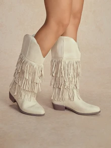 Tropiscape Beige Three-Layer Fringe Slip-On Chunky Low Heel Round Toe New Elegant Versatile Commute Daily Fashion Mid-Calf Boots - Beige - View 6