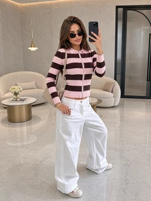 MORI Cardigan Wanita Musim Gugur Musim Dingin Y2K Pink Cokelat Bergaris Ritsleting Penuh Kerah Berlipat Lengan Panjang Pas Badan Rajut Bergaris Pendek Atasan Sweater - Merah muda dan cokelat - View 6