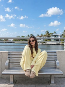MORI Fall Winter Y2K Yellow 2 Pieces Knit Set Women Button Down Cardigan Sweater Wide Leg Pants Lounge Matching Outfits Vacation Chic Going Out - Light Yellow - View 2