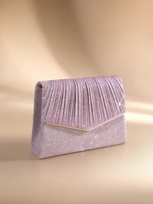 Etoivie 1pc Solid Color V-Edge Glitter Diagonal Clutch Bag, Simple & Elegant Evening Handbag For Women Party, Wedding, Daily Use, Wedding Items,Bride Halloween - Dusty Pink - View 3