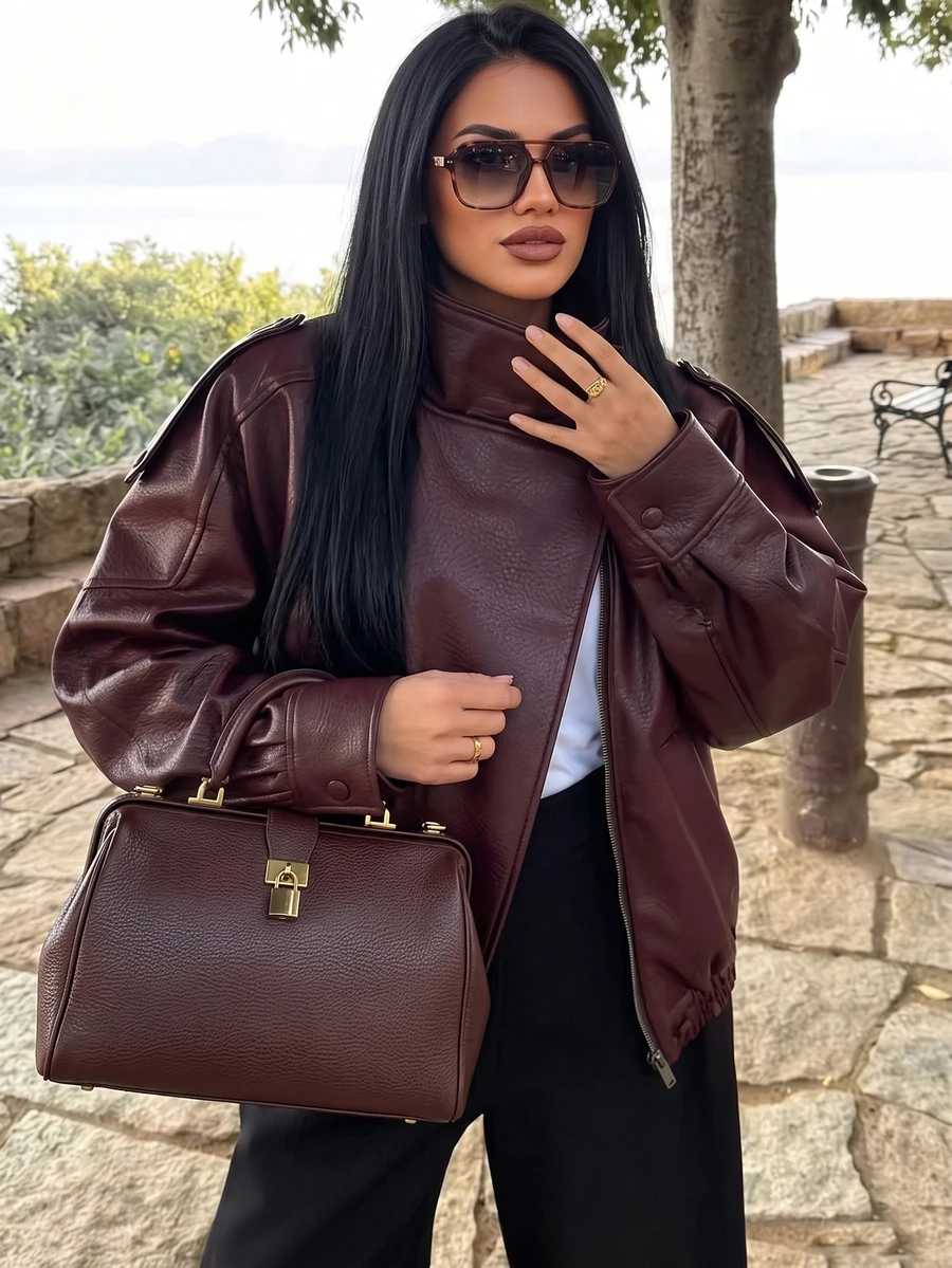Women's Elegant Vintage Street Motorcycle Style Faux Leather Jacket, Stand Collar Zip-Up Jacket, Autumn Casual , Vacation Fall