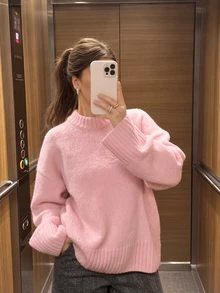 FOR BEAUTY Fall Winter Women Sweaters Elegant Casual Y2K Pink Round Neck Drop Shoulder Oversized Loose Fit Pullover Ribbed Knitwear Top - Pink - View 8