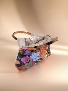 Etoivie 1件時尚花卉刺繡、雲朵圖案與亮片拼接亞麻手提包，百褶設計獨特小托特包，萬聖節款 - 橘色 - 查看 4