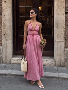 Elegant Sexy Women's Striped Halter Deep V-Neck Sleeveless Cinched Waist Ruched Back A-Line Maxi Dress, Spring/Summer Beach Vacation Party Long Dress - Burgundy - View 3