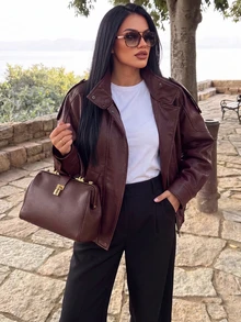 Women's Elegant Vintage Street Motorcycle Style Faux Leather Jacket, Stand Collar Zip-Up Jacket, Autumn Casual , Vacation Fall - Burgundy - View 3
