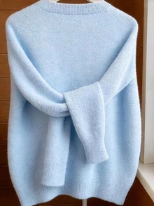 Women's Autumn Sweater, Gentle Light Blue Solid Color Round Neck Button Front Cardigan, Office And Outdoor Street Style Fall - Baby Blue - View 5