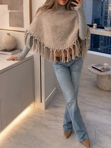 FOR BEAUTY Fall Winter Women Sweaters Y2K Boho Khaki Fringe Tassel Turtleneck Crop Poncho Knit Tops Sweaters Vacation Party Concert Going Out Clothes - Grey - View 8