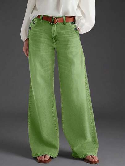 New Women's Multi-Button Wide Leg Casual Jeans - High Quality Denim, Fashionable And Comfortable Spring