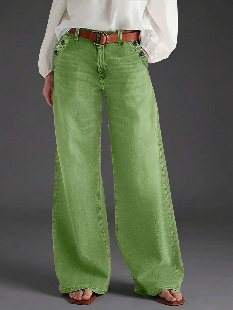 New Women's Multi-Button Wide Leg Casual Jeans - High Quality Denim, Fashionable And Comfortable Spring Fall - Bean Green - View 1