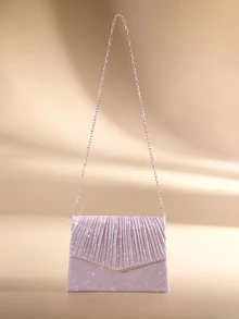 Etoivie 1pc Solid Color V-Edge Glitter Diagonal Clutch Bag, Simple & Elegant Evening Handbag For Women Party, Wedding, Daily Use, Wedding Items,Bride Halloween - Dusty Pink - View 1