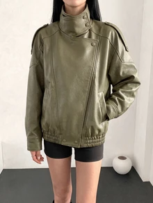女款優雅復古街頭機車風人造皮革夾克，立領拉鍊夾克，秋季休閒度假款 - 橄欖綠 - 查看 3