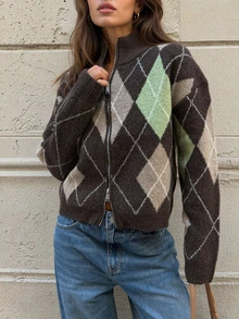 MORI Fall Winter Chic Casual Y2K Basic Brown Argyle Print Zip Up Stand Collar Knit Cardigan Sweater Jacket Women Going Out Outfits - Multicolor - View 9
