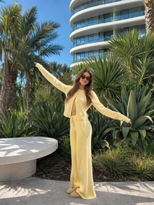 MORI Fall Winter Y2K Yellow 2 Pieces Knit Set Women Button Down Cardigan Sweater Wide Leg Pants Lounge Matching Outfits Vacation Chic Going Out - Light Yellow - View 1