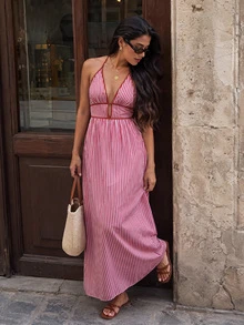 Elegant Sexy Women's Striped Halter Deep V-Neck Sleeveless Cinched Waist Ruched Back A-Line Maxi Dress, Spring/Summer Beach Vacation Party Long Dress - Burgundy - View 1