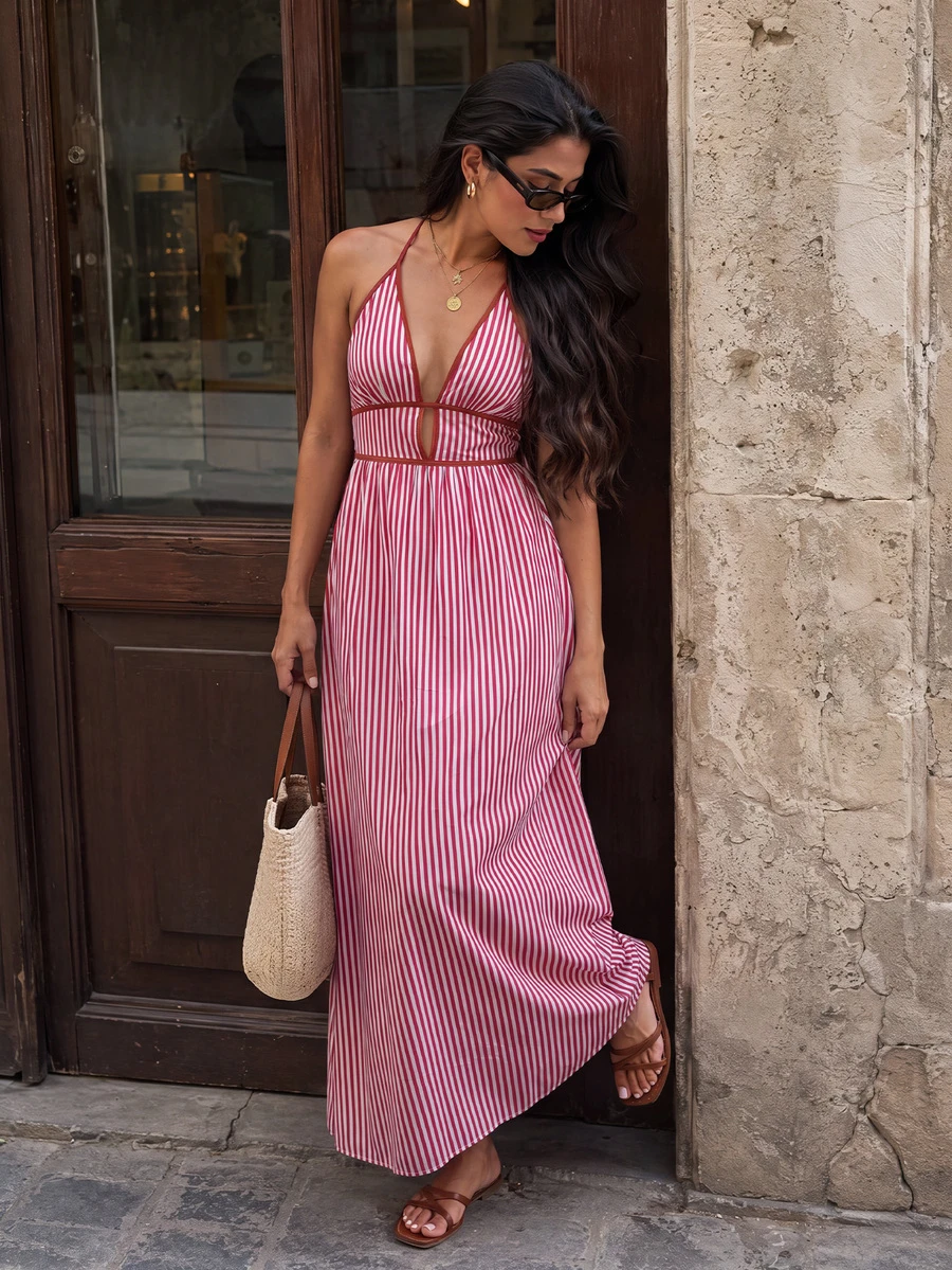 Elegant Sexy Women's Striped Halter Deep V-Neck Sleeveless Cinched Waist Ruched Back A-Line Maxi Dress, Spring/Summer Beach Vacation Party Long Dress - Burgundy - View 1
