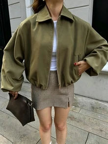 Jaket Wanita Warna Hijau Militer dengan Kantong Resleting - Pakaian Luar Kasual dengan Kerah Longgar, Cocok untuk Musim Semi dan Gugur - Hijau Tentara - View 6