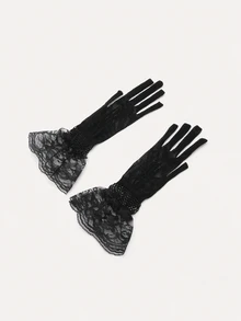TuEzra 1 Pair Mesh Lace Trim Gloves (Floral Pattern And Placement On Gloves Are Random) - Black - View 2
