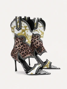 TuEzra Sepatu Bot Setengah Betis Wanita, Ujung Lancip Motif Leopard Seksi, Desain Ujung Terbuka, Sepatu Bot Setengah Betis yang Modis & Serbaguna - Putih - View 1