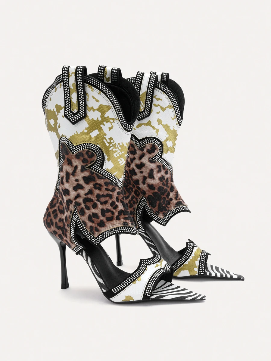 TuEzra Sepatu Bot Setengah Betis Wanita, Ujung Lancip Motif Leopard Seksi, Desain Ujung Terbuka, Sepatu Bot Setengah Betis yang Modis & Serbaguna - Putih - View 1