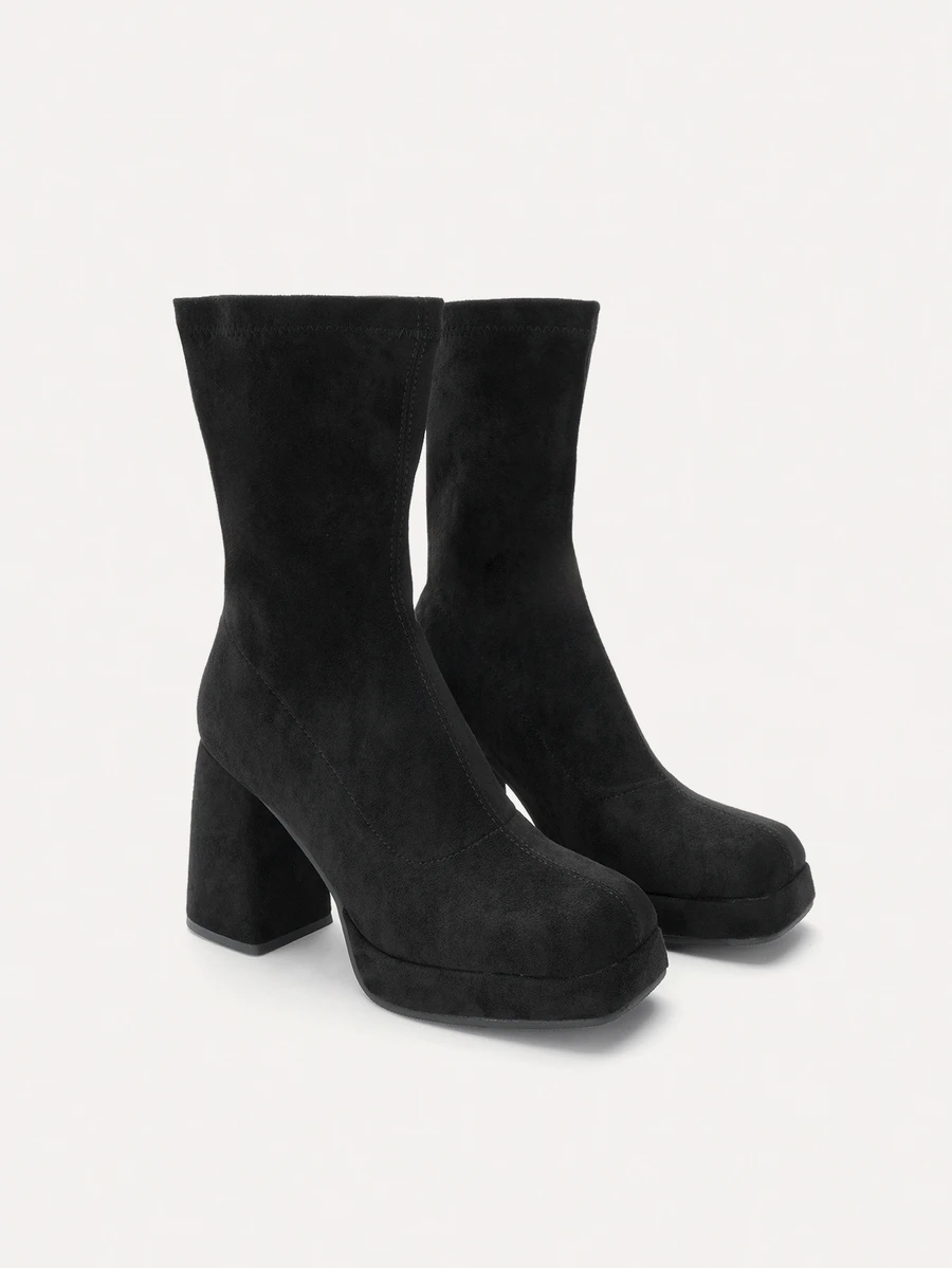 TuEzra Ladies' Black Riding Boots & Western Style Women's Simple Suede Chunky Heel Slip On Booties - Hitam - View 1
