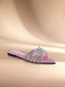 Etoivie Rhinestone Pointed Toe Slip-On Slippers, Shiny New H-Shaped Flat Sandals For Women,  Halloween - Pink - View 3