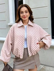 Women's Pink Polka Dot Zip Pocket Jacket - Casual Loose Lapel Spring/Autumn Coat - Pink - View 3