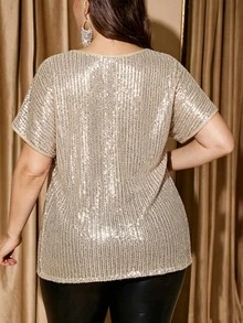 Plus Size Women V-Neck Sequin Loose Blouse, Women Party Top Elegant - Gold - View 3