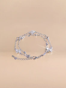Etoivie 1件小眾設計極簡風鋯石花朵雙層手鍊（珠子、鏈條與扣環隨機），聖誕禮物，節日珠寶 - 銀色 - 查看 2