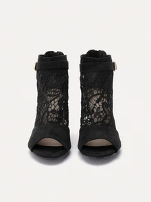 TuEzra Fall/Winter Women's Fashion New Black, Light Brown, Brown Perforated Lace Net Peep Toe High Heel Ankle Boots - Black - View 3
