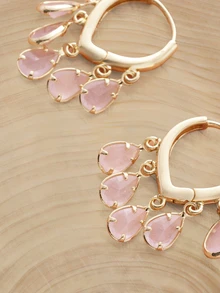 Glizzene 1 Pair Fashionable High-End Luxury Shiny Elegant Sweet Versatile High-Quality Gold,   Heart Zirconia Small Hoop Earrings - Water Drop Protein Pink - View 3