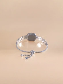 Etoivie 1pc Women's Silver Square Case Watch With Rhinestone Scale Dial, Diamond-Encrusted Square Design, Adjustable Chain, Quartz Movement, Hip-Hop Style Halloween - Silver - View 2