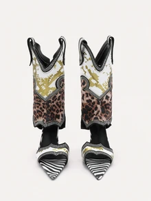 TuEzra Sepatu Bot Setengah Betis Wanita, Ujung Lancip Motif Leopard Seksi, Desain Ujung Terbuka, Sepatu Bot Setengah Betis yang Modis & Serbaguna - Putih - View 3