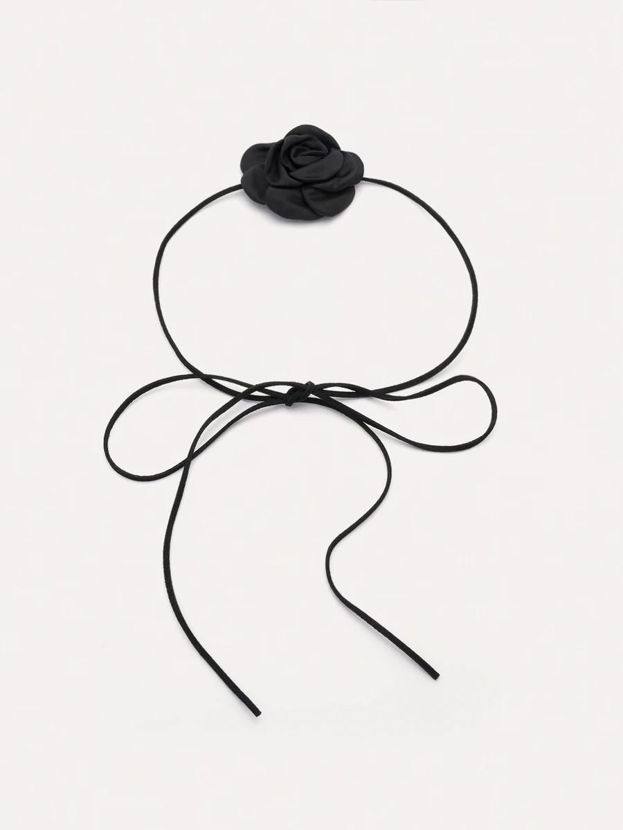 1 pieza Collar tipo gargantilla con flor de rosa negra, estilo gótico sexy vintage con camelia, decoración de banda para el cuello con lazo envolvente - Negro - Ver 1