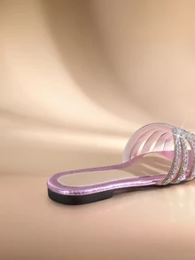 Etoivie Rhinestone Pointed Toe Slip-On Slippers, Shiny New H-Shaped Flat Sandals For Women,  Halloween - Pink - View 2