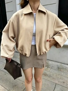 Jaket Wanita Warna Khaki dengan Kantong Resleting - Mantel Kasual Longgar dengan Kerah untuk Musim Semi dan Gugur - Khaki - View 8