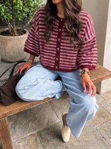 MORI Fall Winter Women Cardigans Y2K Cozy Wine Red Striped Elbow Sleeve Crewneck Loose Knit Sweater Cardigan Button Down Tops Fall Fashion Outfits - Red and Pink - View 10
