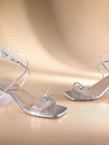 Etoivie Women's Fully Rhinestoned Transparent Heel Sandals, Faux Leather Material, Elegant Date Night Style, Halloween - Silver - View 4