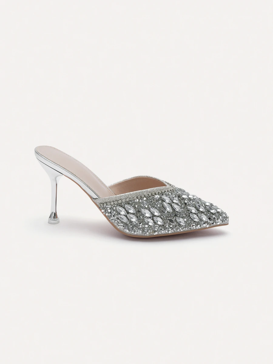 TuEzra Women's High Heel Shoes With Rhinestone & Chain Detail, Pointed Toe, Suitable For Daily And Party Wear, Elegant, Mule - Silver - View 1