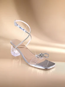 Etoivie Women's Fully Rhinestoned Transparent Heel Sandals, Faux Leather Material, Elegant Date Night Style, Halloween - Silver - View 3