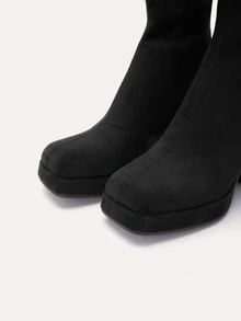 TuEzra Ladies' Black Riding Boots & Western Style Women's Simple Suede Chunky Heel Slip On Booties - Hitam - View 4