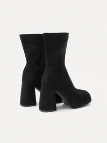 TuEzra Ladies' Black Riding Boots & Western Style Women's Simple Suede Chunky Heel Slip On Booties - Hitam - View 2