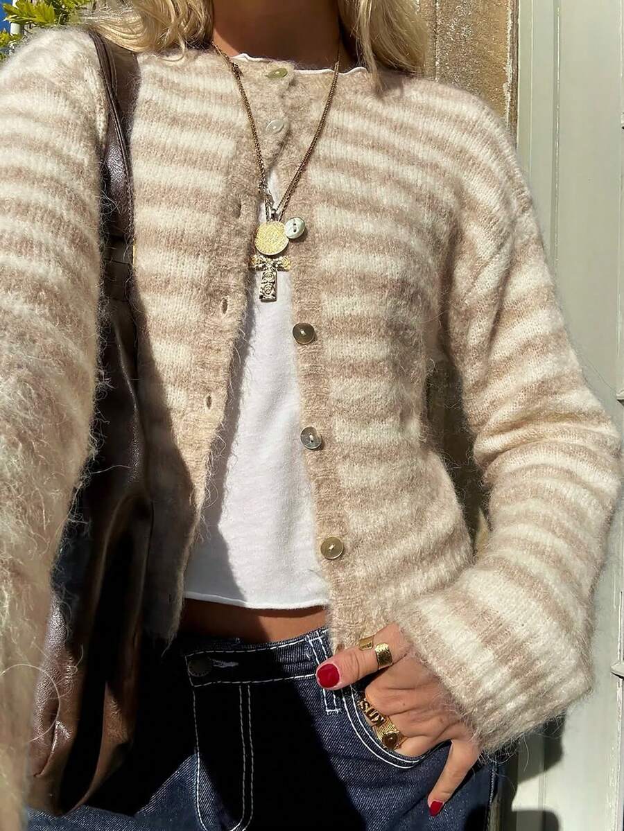 女款圓領撞色條紋鈕扣開襟軟針織開襟衫,休閒時尚百搭長袖,日常復古街頭風 - 棕白色 - 查看 1